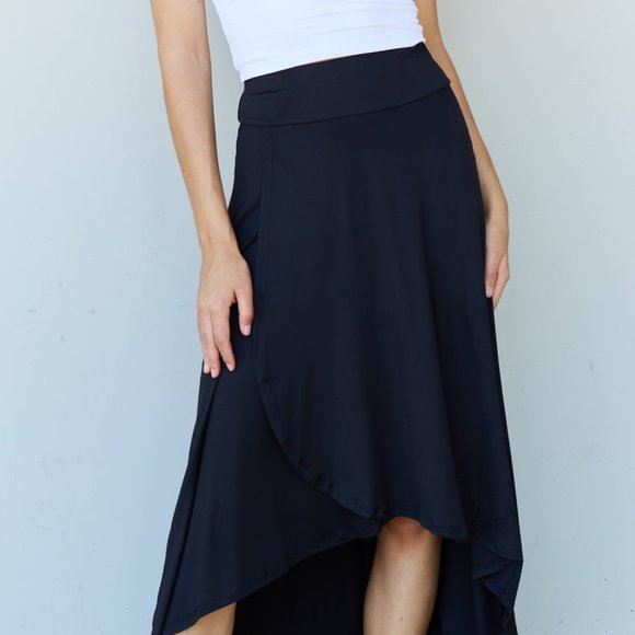 High Waisted Tulip Flare Knee-length Skirt Layered Faux Wrap High-Low Skirt - Picture 2 of 10